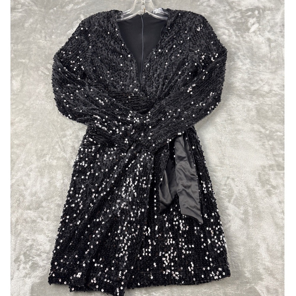 Zara Womens Black Sequin Long Sleeve Wrap Mini Dress V-Neck Satin Tie XS